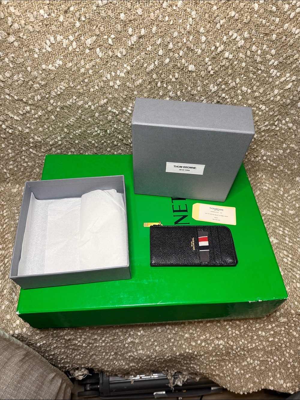 Thom Browne Black Leather Card Case with Red White Navy Stripe
